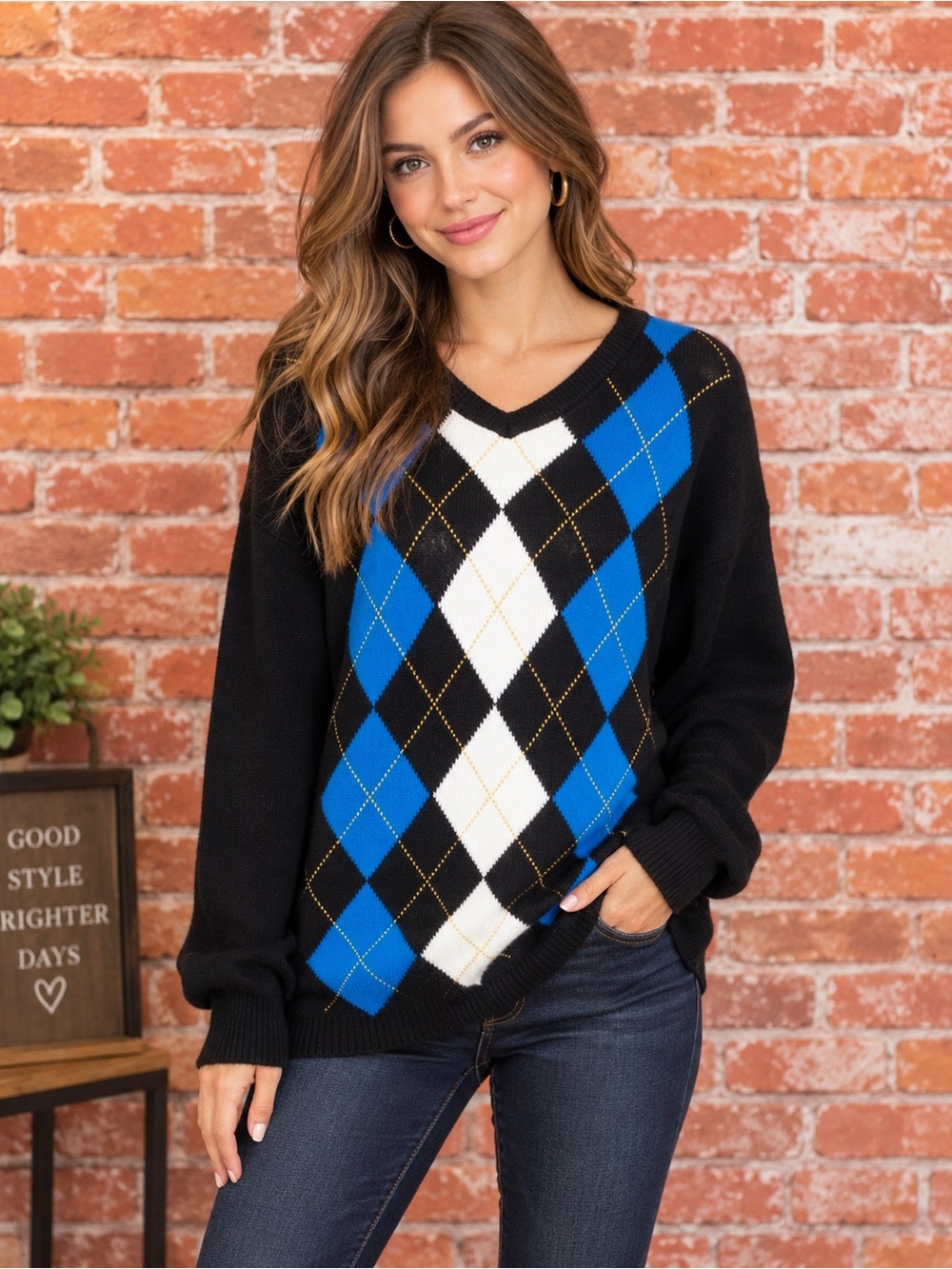 American Eagle Chocolate Brown and Blue V-neck Cotton  Argyle Sweater